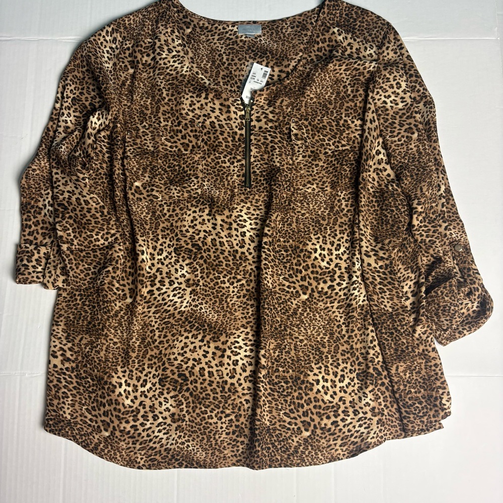 Avenue Women's Plus 30 32 Shirt Leopard Animal Print New Tags Roll Tab Polyester